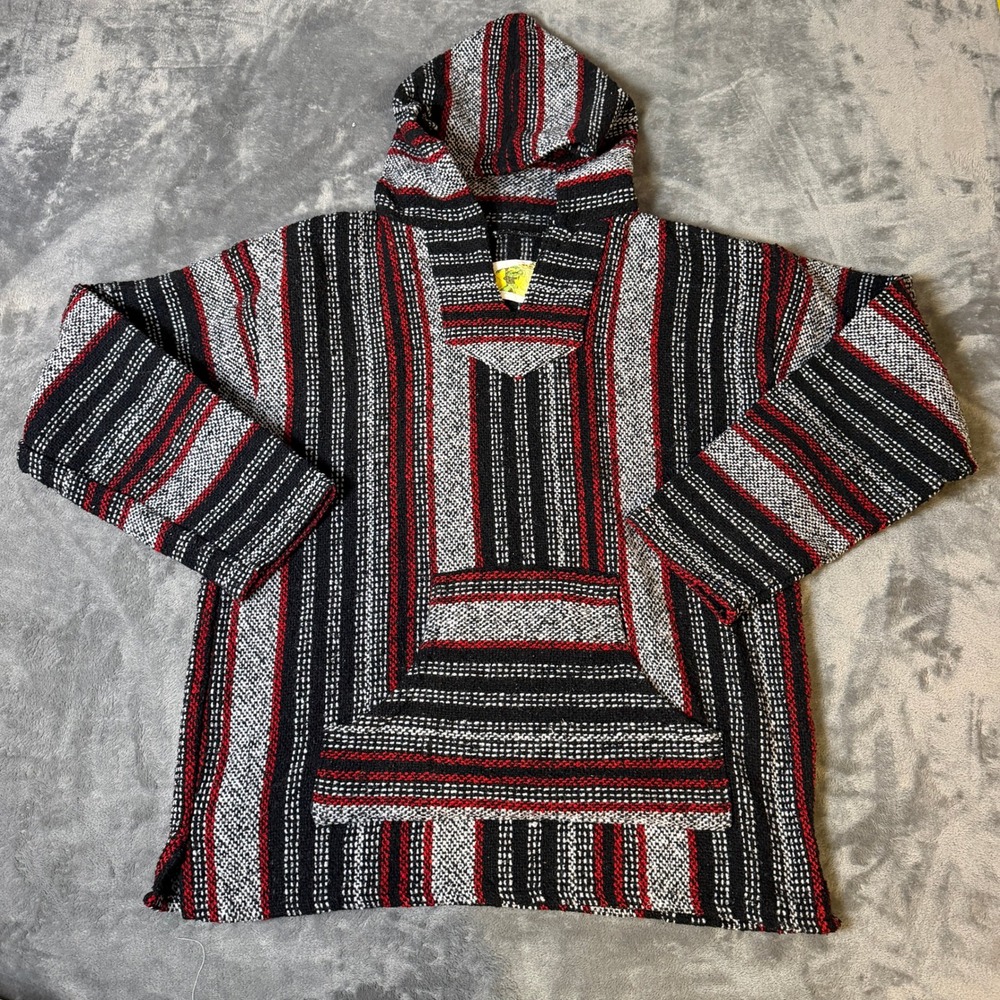 Iguana Jack Mexican Poncho XL Baja Drug Rug Striped Pullover Black Red White